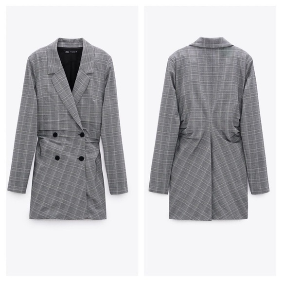 Zara Grey Plaid Check Double Breasted Blazer Mini Dress. - Picture 2 of 4